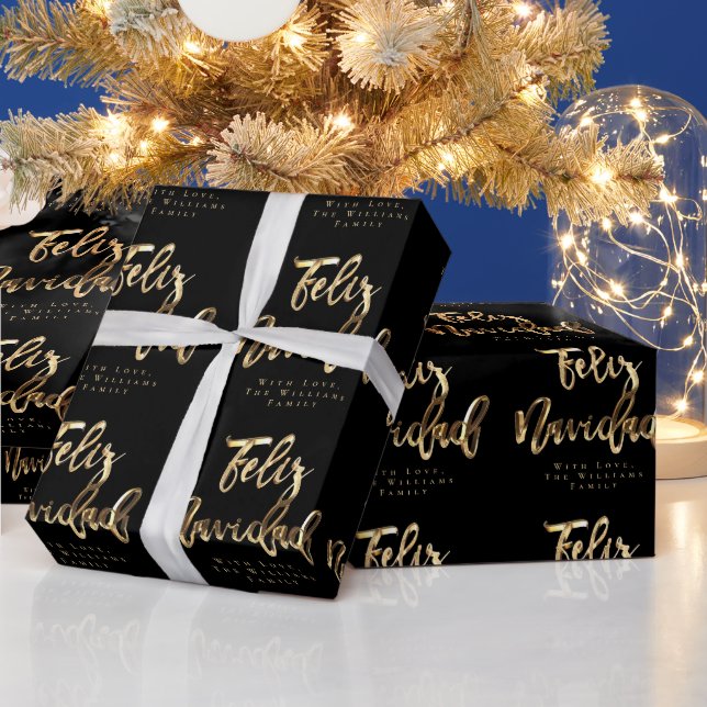 Feliz Navidad Elegant Black and Gold Script Chic H Wrapping Paper (Holidays)