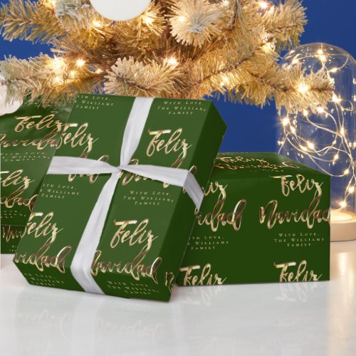 Feliz Navidad Elegant Green and Gold Script Wrapping Paper