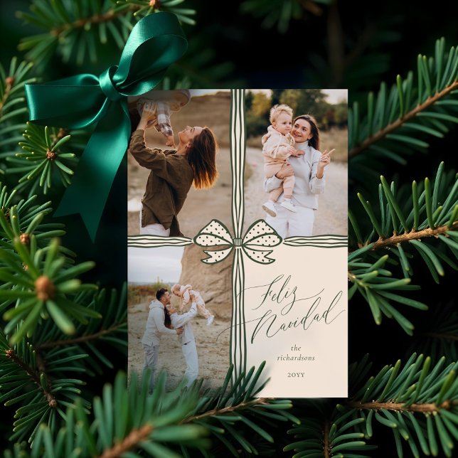 Feliz Navidad Elegant Holiday Bow Photo Collage Card (Feliz Navidad Elegant Holiday Bow Photo Collage)