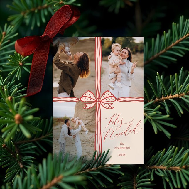 Feliz Navidad Elegant Holiday Bow Photo Collage Card (Feliz Navidad Elegant Holiday Bow Photo Collage)