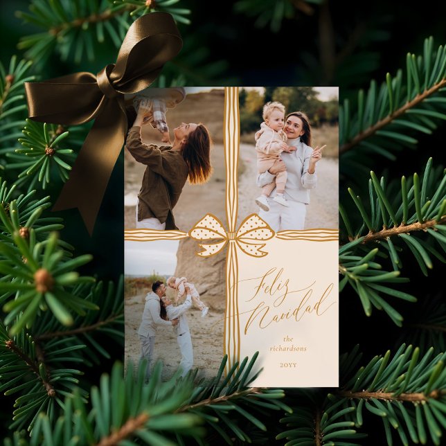 Feliz Navidad Elegant Holiday Bow Photo Collage Card (Feliz Navidad Elegant Holiday Bow Photo Collage)