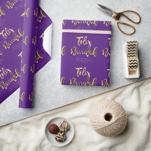 Feliz Navidad Elegant Purple and Gold Script Wrapping Paper