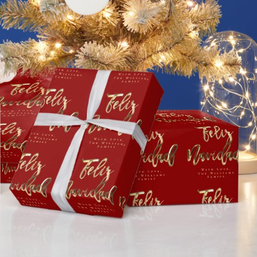 Feliz Navidad Elegant Red and Gold Script Wrapping Paper