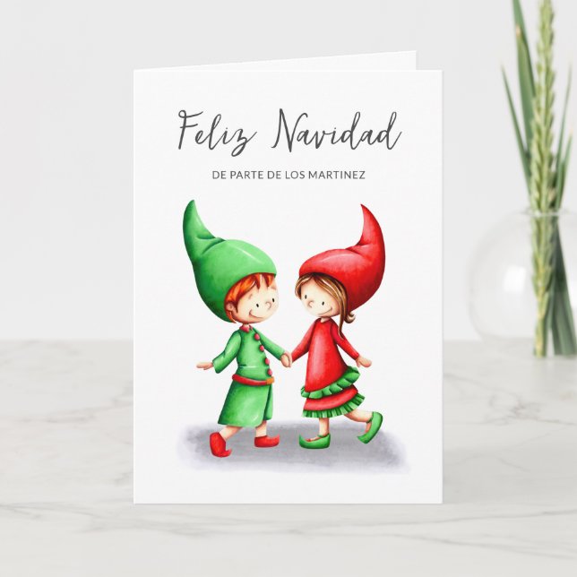 Feliz Navidad Elves Spanish Christmas Card (Front)