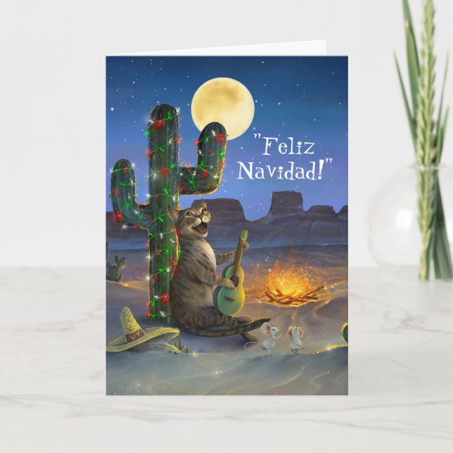 Feliz Navidad Festive Funny Cat Christmas Holiday Card (Front)