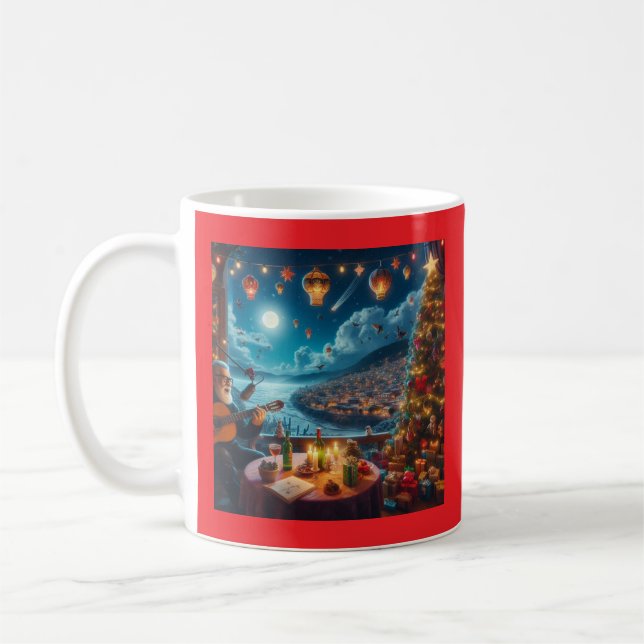 Feliz Navidad Festive Guitar Player Coastal Town Coffee Mug (Left)