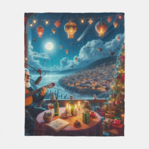 Feliz Navidad Festive Guitar Player Coastal Town Fleece Blanket
