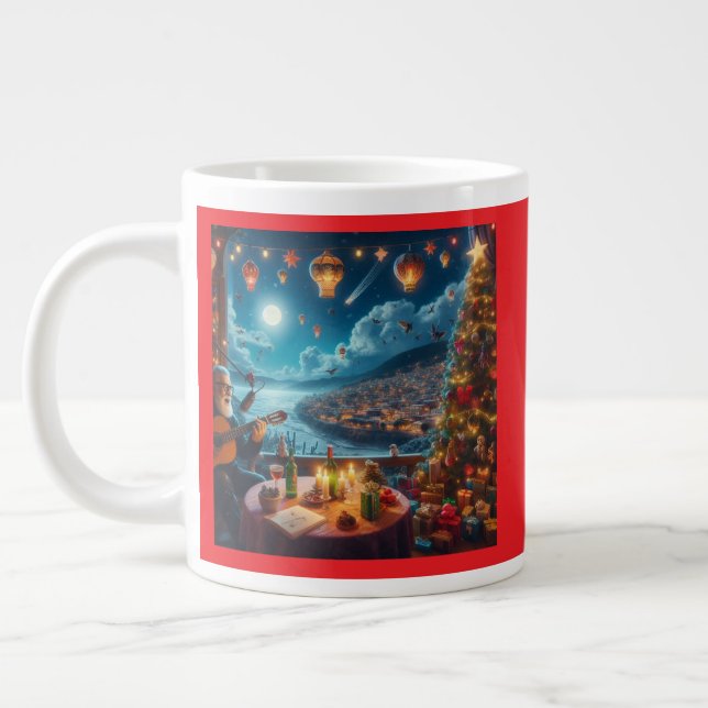 Feliz Navidad Festive Guitar Player Coastal Town Giant Coffee Mug (Left)