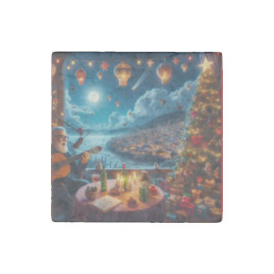 Feliz Navidad Festive Guitar Player Coastal Town Stone Magnet
