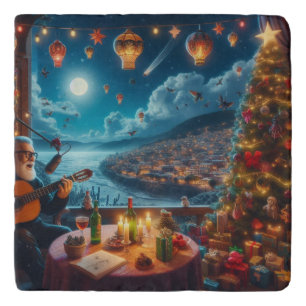 Feliz Navidad Festive Guitar Player Coastal Town Trivet