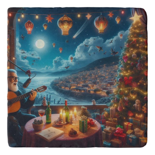 Feliz Navidad Festive Guitar Player Coastal Town Trivet (Front)