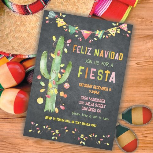 Feliz navidad Fiesta Cactus watercolor Invitation