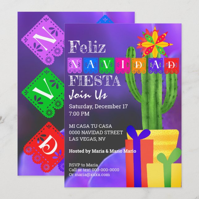 Feliz Navidad Fiesta Green Cactus On Purple Invitation (Front/Back)