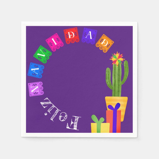 Feliz Navidad Fiesta Green Cactus On Purple Napkins (Front)