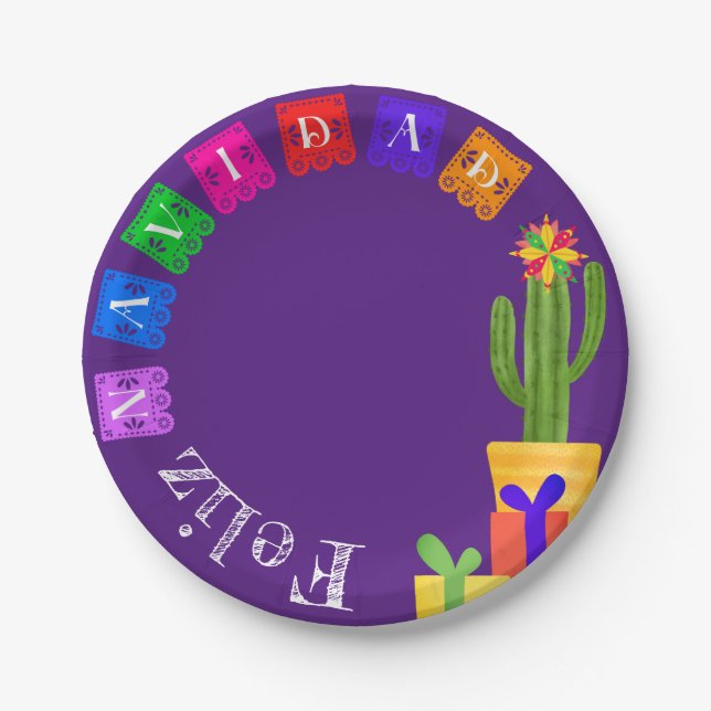 Feliz Navidad Fiesta Green Cactus On Purple Paper Plates (Front)
