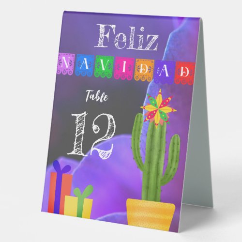 Feliz Navidad Fiesta Green Cactus On Purple Table Tent Sign