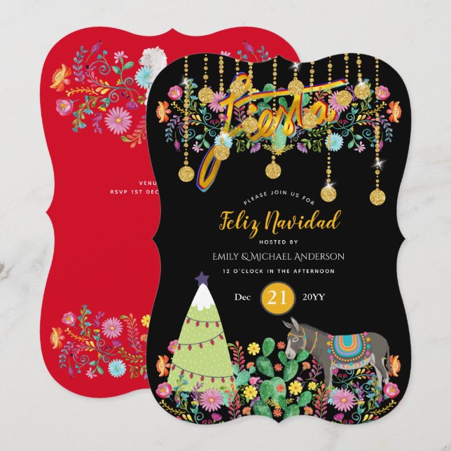 Feliz Navidad Fiesta Invitation Folk Flowers Burro (Front/Back)