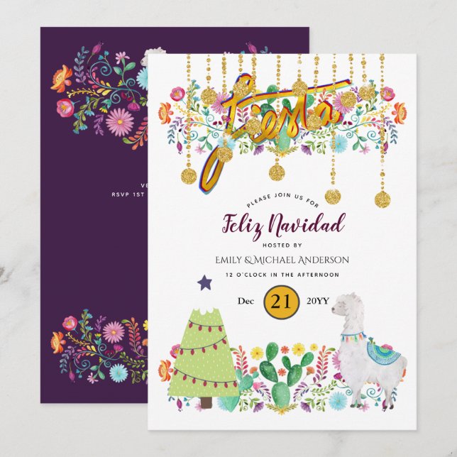 Feliz Navidad Fiesta Invitation Folk Flowers Llama (Front/Back)