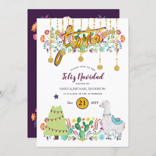 Feliz Navidad Fiesta Invitation Folk Flowers Llama