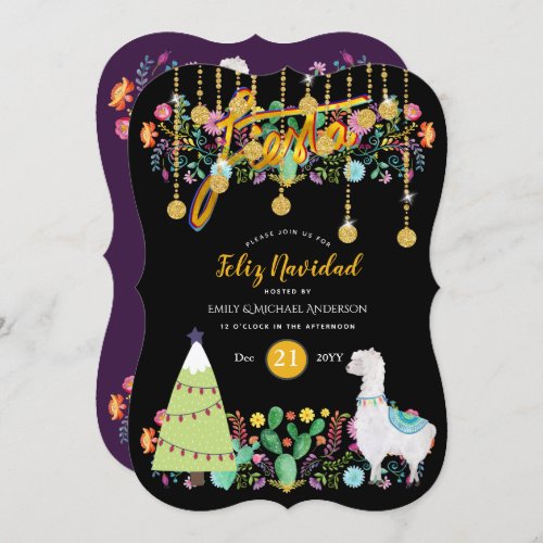 Feliz Navidad Fiesta Invitation Folk Flowers Llama