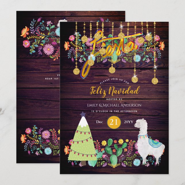 Feliz Navidad Fiesta Invitation Folk Flowers Llama (Front/Back)