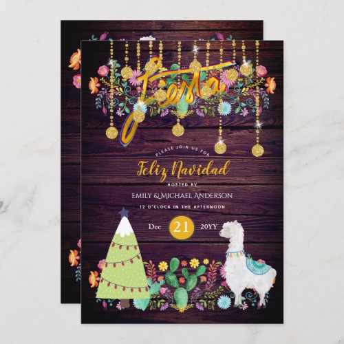 Feliz Navidad Fiesta Invitation Folk Flowers Llama