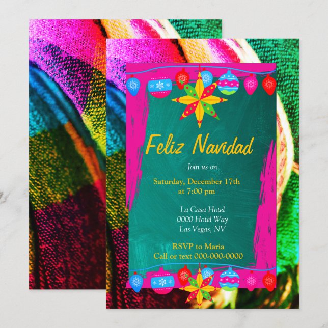 Feliz Navidad Fiesta On Pink & Green Sarape Invitation (Front/Back)