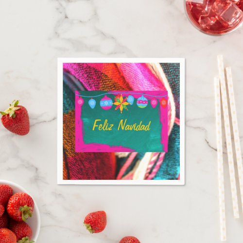 Feliz Navidad Fiesta On Pink  Green Sarape Napkins