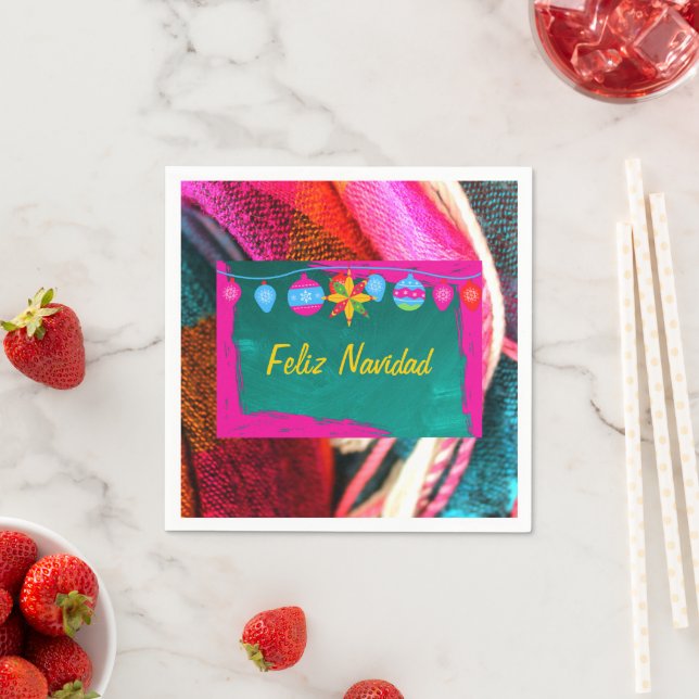 Feliz Navidad Fiesta On Pink & Green Sarape Napkins (Insitu)