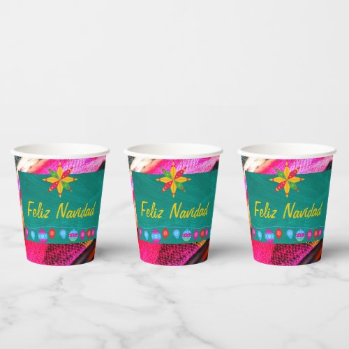 Feliz Navidad Fiesta On Pink  Green Sarape Paper Cups