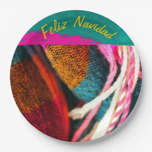 Feliz Navidad Fiesta On Pink  Green Sarape Paper Plates