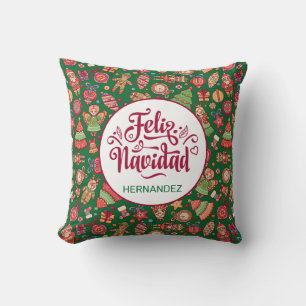 Feliz Navidad Folk Art Green Personalized Throw Pillow