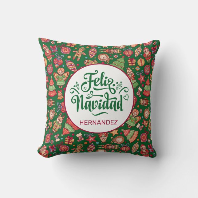 Feliz Navidad Folk Art Green Personalized Throw Pillow (Front)