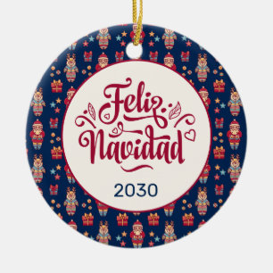 Feliz Navidad Folk Santa Reindeer Blue Custom Ceramic Ornament