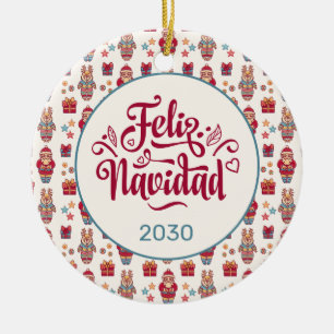 Feliz Navidad Folk Santa Reindeer Cream Custom Ceramic Ornament