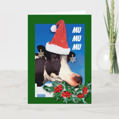 Feliz Navidad Funny Cow Eating Boughs of Holly  Holiday Card