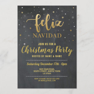 Feliz Navidad Gold & Black Chalk Christmas Party Invitation