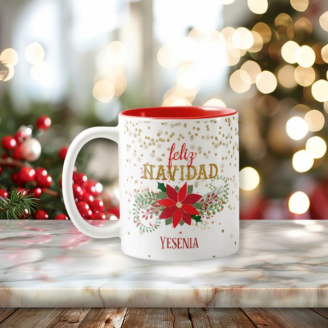 Feliz Navidad Gold Glitter Poinsettia Two-Tone Coffee Mug (Feliz Navidad Gold Glitter Poinsettia Two-Tone Coffee Mug)