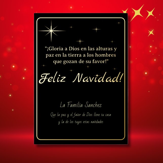 Feliz Navidad Golden & Black Luke 2:14 Verse Foil Holiday Card (Spanish Foil Christmas card Black, custom family name & Spanish text, bible verse Luke 2:14)