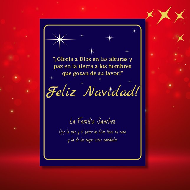 Feliz Navidad Golden & Blue Luke 2:14 Verse Holiday Card (Feliz Navidad Deep Blue & Gold Holiday card, customizable Spanish text, Con Jesus en el camino)