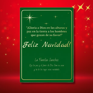 Feliz Navidad Golden & Green Luke 2:14 Verse Foil Holiday Card