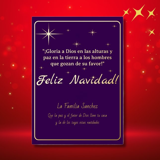 Feliz Navidad Golden & Purple Luke 2:14 Verse Foil Holiday Card (Spanish Christmas greetings, customizable bible verse in Spanish, Con Jesus en el camino)