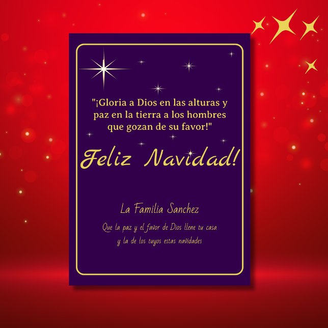 Feliz Navidad Golden & Purple Luke 2:14 Verse Holiday Card (Spanish Christmas Card Purple, personalized terxt & greetings with bible verse. Con Jesus en el cami)