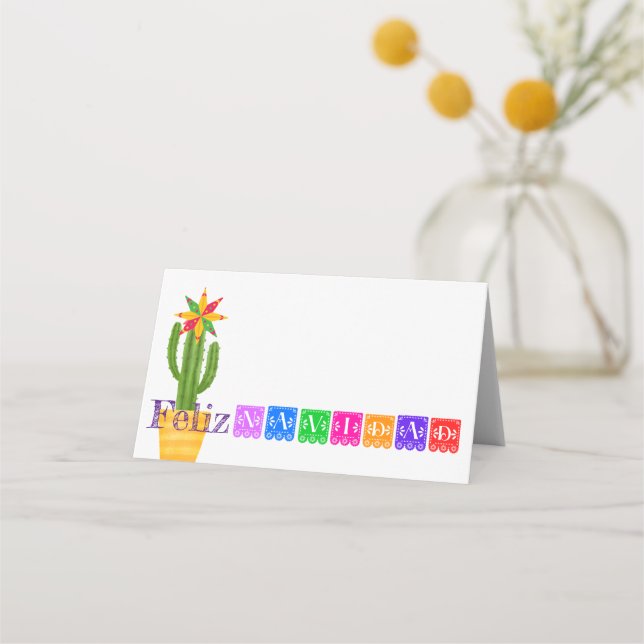 Feliz Navidad Green Cactus On Purple Place Card (Front)