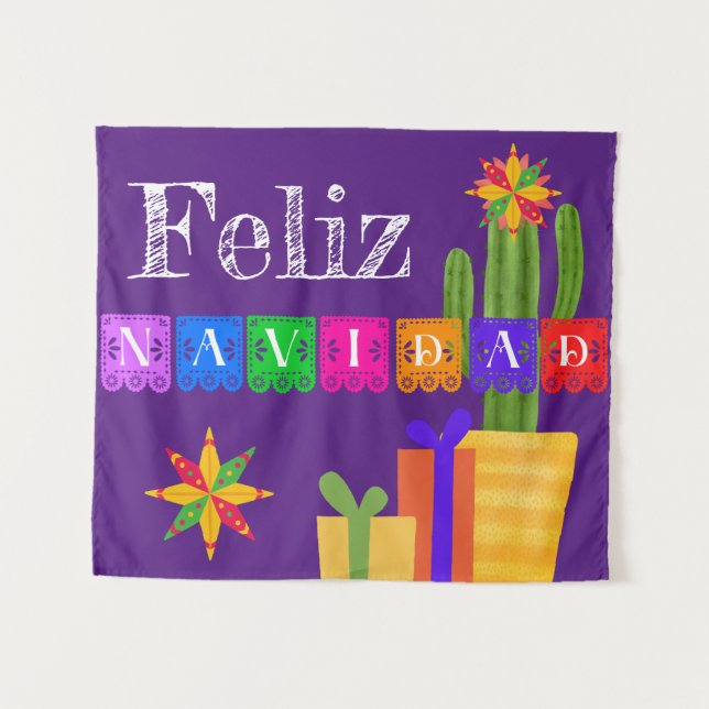 Feliz Navidad Green Cactus On Purple Tapestry (Front (Horizontal))