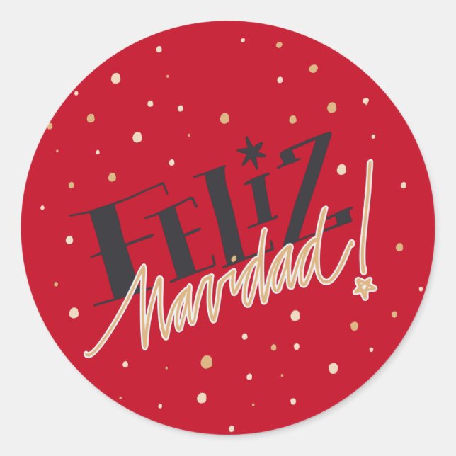 Feliz Navidad, Happy Christmas, Red, Gold Classic Round Sticker (Front)
