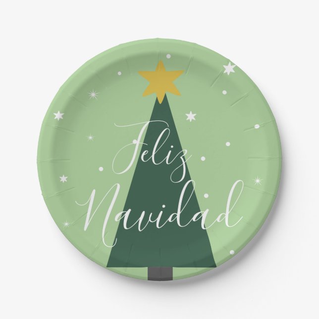 Feliz Navidad holiday green tree snow and stars    Paper Plates (Front)