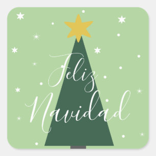 Feliz Navidad holiday green tree snow and stars    Square Sticker