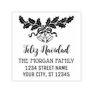 Feliz Navidad Holly and Bells Name Return Address Self-inking Stamp