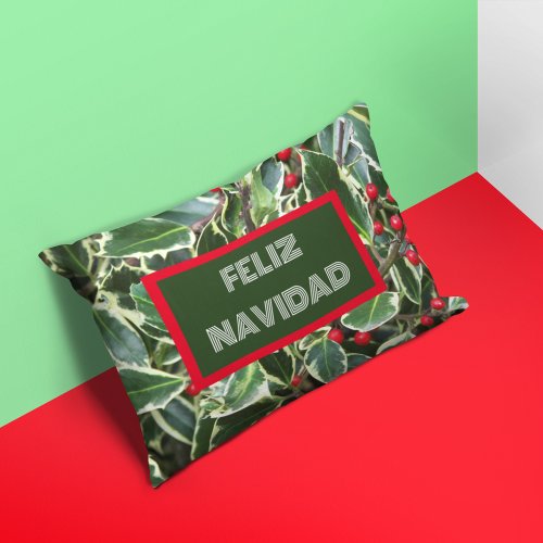 Feliz Navidad Holly Leaves and Red Berries Accent Pillow
